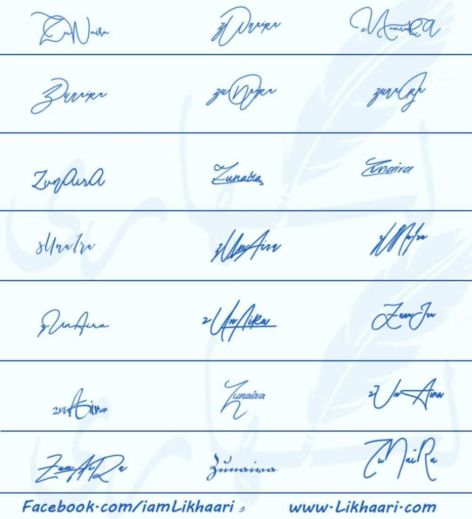 Signatures for  Zunaira