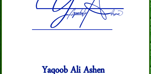 Yaqoob Ali Ashen handwritten signature
